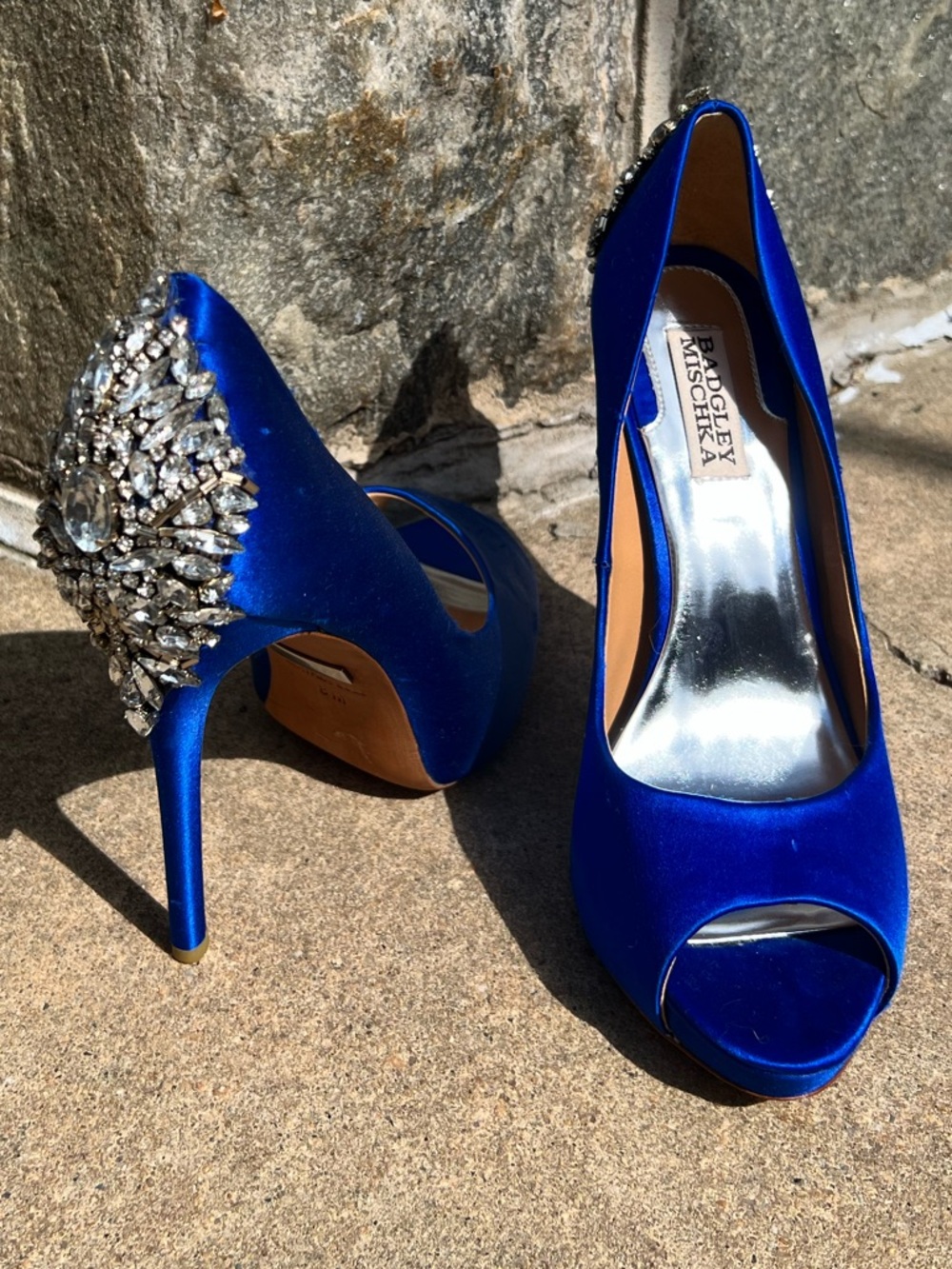 Badgley Mischka Royal Blue Satin Peep-Toe Heels with Crystal Embellishment